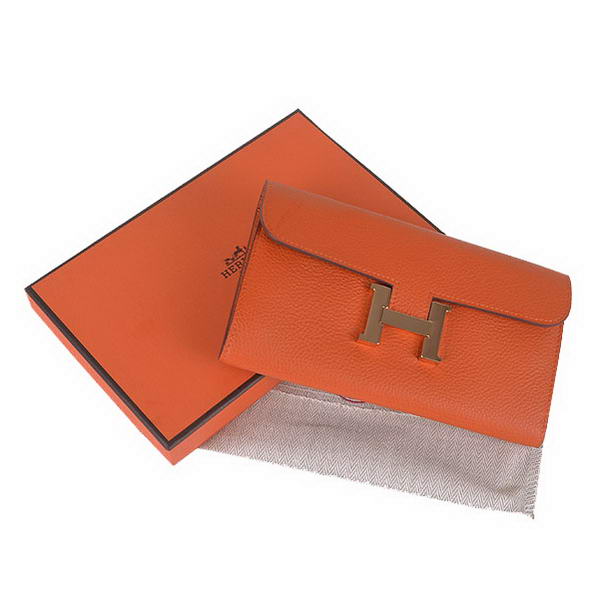 Cheap Fake Hermes Constance Long Wallets Orange Calfskin Leather Gold